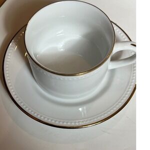 Pier 1 Handpainted White Gold Rimmed Coffee‎ Tea Cup Saucer Set of 7